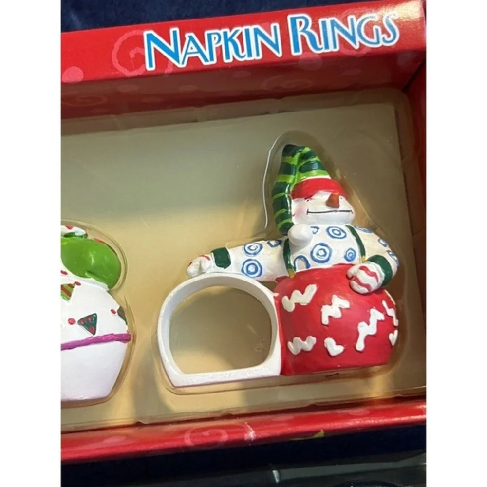 Vintage Boston Warehouse Snowman Napkin Rings Set of 4 Christmas Snow Sports Box